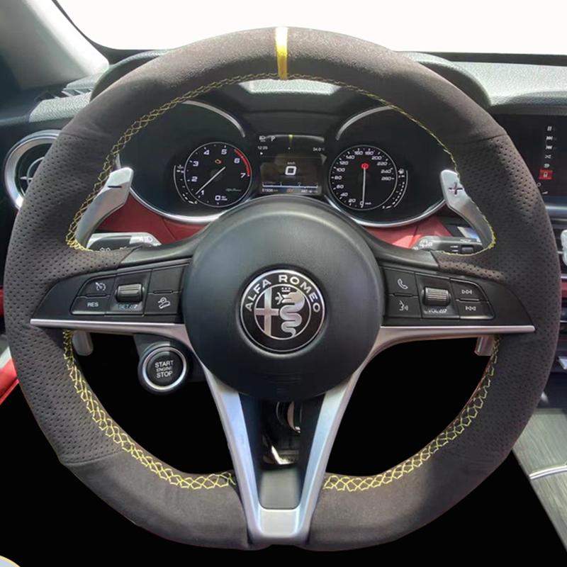 IMKC9 DIY Hand sewn Braid Black non-slip suede Car Steering Wheel Cover For Alfa Romeo Giulia Stelvio Giulietta Automotive Interior