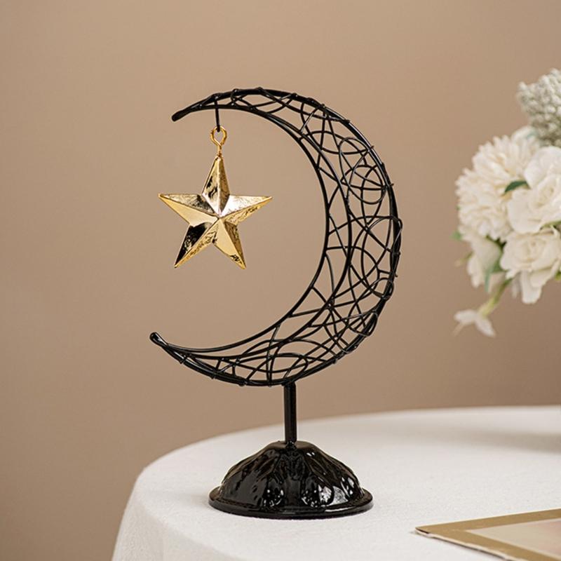 Artistic Middle Eastern Iron Moon Star Sculpture With Base Eid Ramadans Hollowout Ornament for Muslims Party Supplies