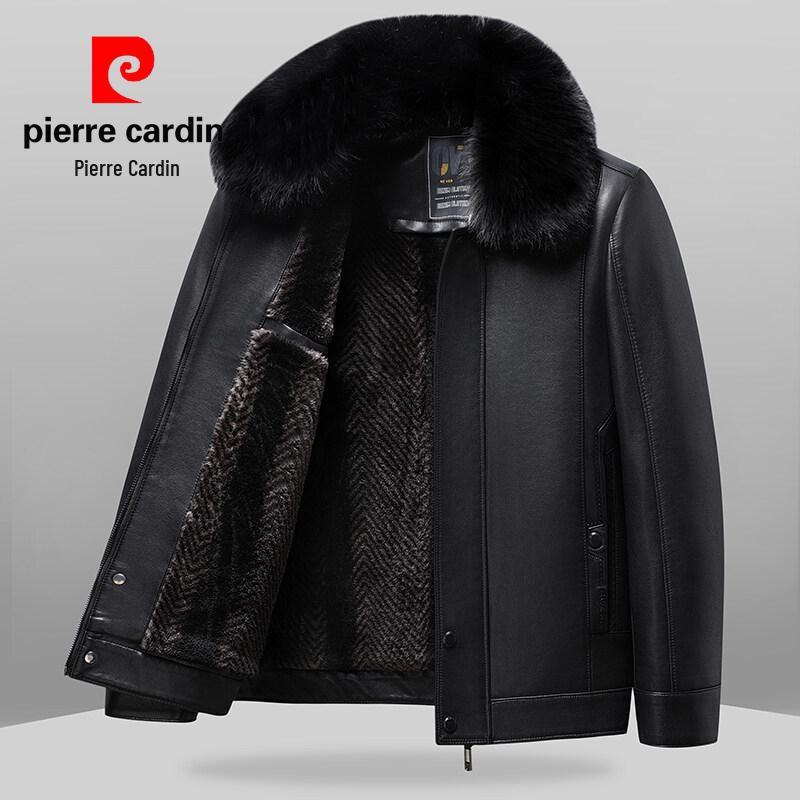 Мужская кожаная куртка Pierre Cardin 2025 с воротником-стойкой - Повседневная, Универсальная, Теплая, С подкладкой из бархата для мужчин среднего возраста