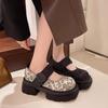 Women's Shoes New Spring and Autumn Thick Heel Printed Single Shoes Platform Mary Jane Small Leather Shoes