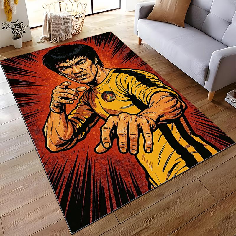 Martial Artist in Yellow Suit Action Pose Non-slip rug suitable for living room and bedroom sofas.
