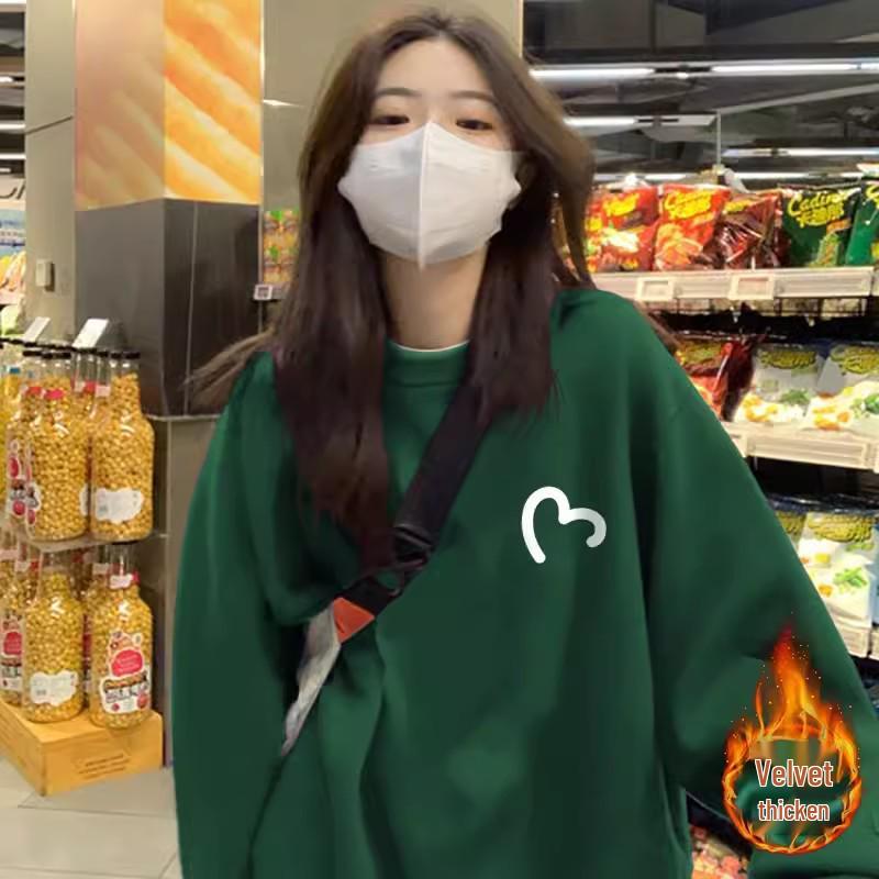 Женский пуловер темно-зеленого цвета с круглым вырезом - Осень 2024, корейский стиль, длинный рукав, повседневный дизайн.