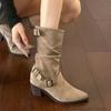 Pointed Thick Heel Temperament Short Boots Women's New Belt Buckle Martin Boots Temperament Medium Tube Stack Boots
