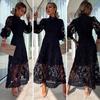 Women Dress Hollow Out Lace Stand Collar Bubble Sleeve Tight Waist See Through Double Layer Ankle Length Solid Color OL Commute Maxi Dress