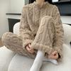 Fall Winter Women's Two Piece Set Thickened Warm Coral Velvet Pajamas Padded Ladies Casual Elastic Striped Comfortable Homewear