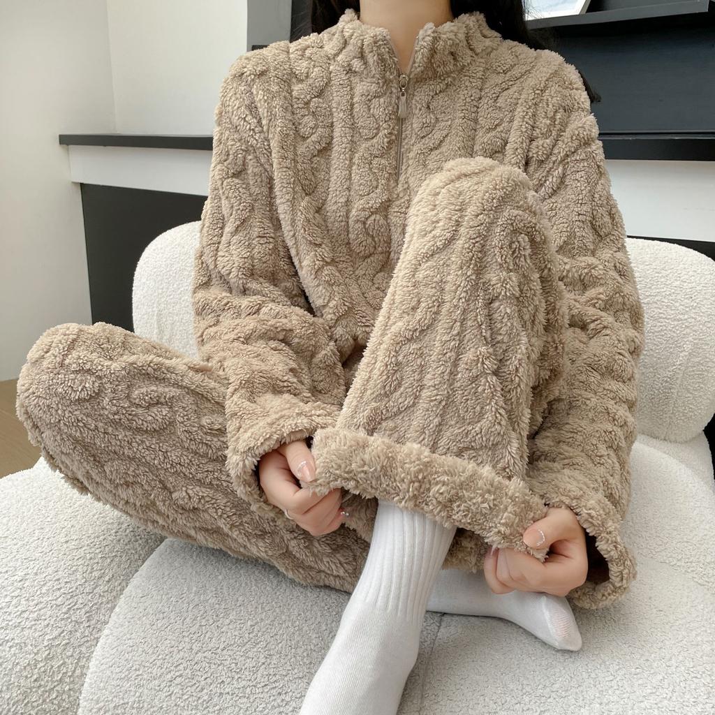 Fall Winter Women's Two Piece Set Thickened Warm Coral Velvet Pajamas Padded Ladies Casual Elastic Striped Comfortable Homewear