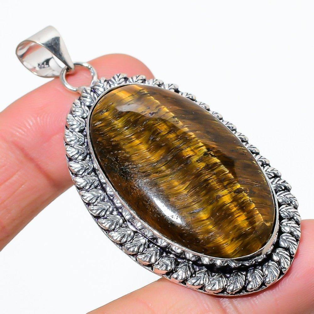 Tiger Eye Gemstone Handmade 925 Sterling Silver Jewelry Pendant 2.56" n8u81