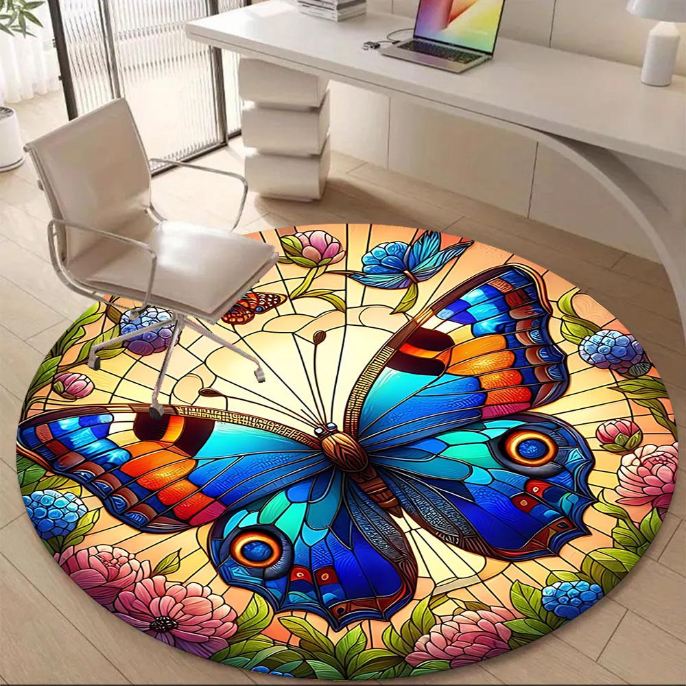 1PC Butterfly Garden Office Round Area Rug, Mat Suitable For Office, Under Office Chairs Bedroom Living Room Home Decor, Room Deco