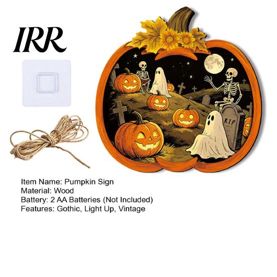 Rustic Wooden Pendant Halloween Pumpkin Sign, LED Light Up Ghost Hanging Lighted Wood Decor Wall Sign for Indoor Outdoor Holiday Party Art