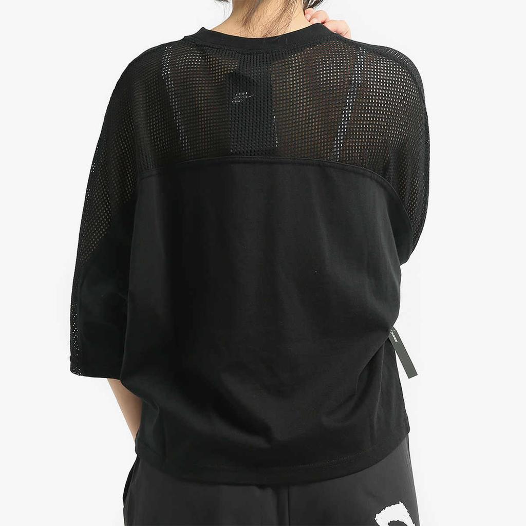 Nike Solid Color Logo Print Mesh Panel Crew Neck Long Sleeve Sweatshirt Women Tops Black AR2324-010