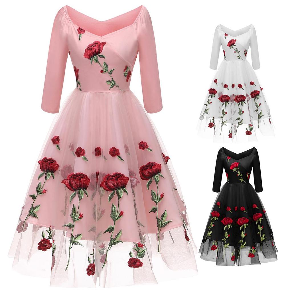 Women's Red Rose Embroided Midi Prom Dress Mesh Tulle 3/4 Sleeve Wedding Guest Bridesmaid Cocktail Evening Party Special Formal Occasion Outfit