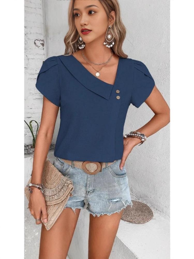 2025 Spring/Summer Women's Amazon Casual Slim-fitting Leisure Knitted Short-sleeved V-neck Top