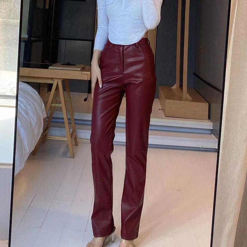 Women Solid Fashion Faux Leather Pants Slim Casual Trousers