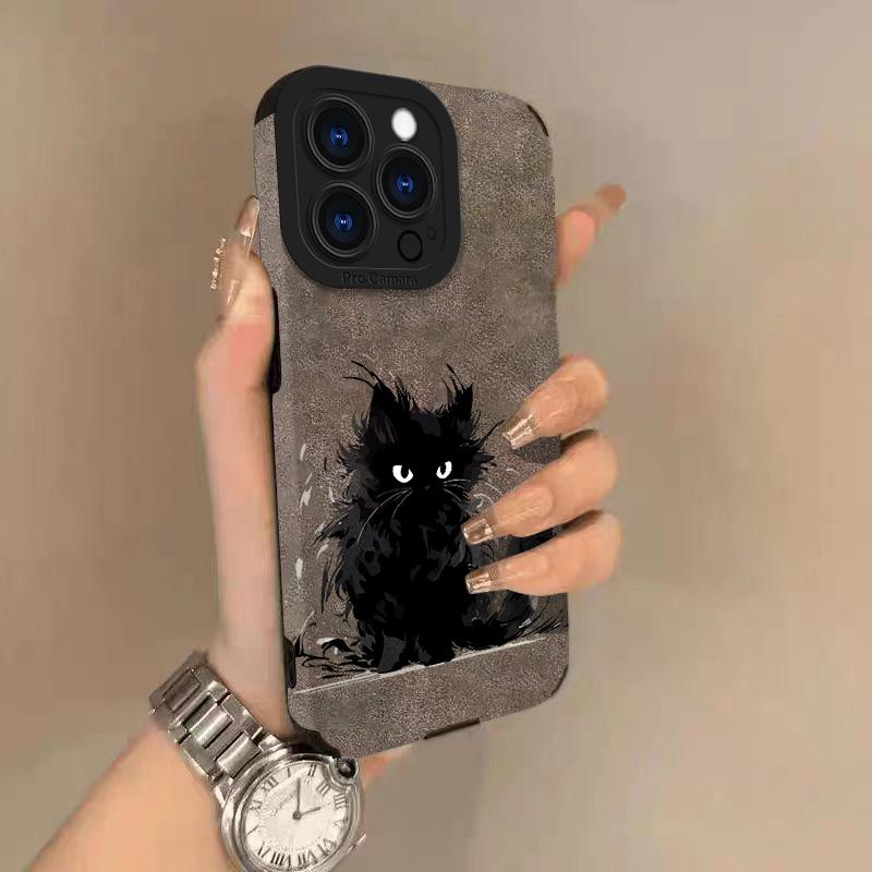 Черный кот Кожаная чехол-книжка для телефона из кожи ягненка Для iPhone 17 Pro Max Air 16 15 14 13 12 11 Pro Max Plus X XS MAX XR Жесткая задняя крышка