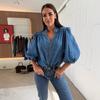 Женская трансграничная осенне-весенняя ретро джинсовая рубашка с V-образным вырезом и рукавами-фонариками