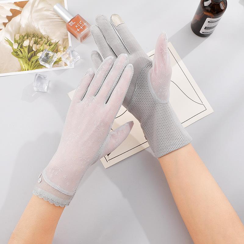 Солнцезащитные перчатки Новые женские весенне-летние перчатки для вождения, кружевные, тонкие, с защитой от УФ-лучей, сенсорные, из ледяного шелка