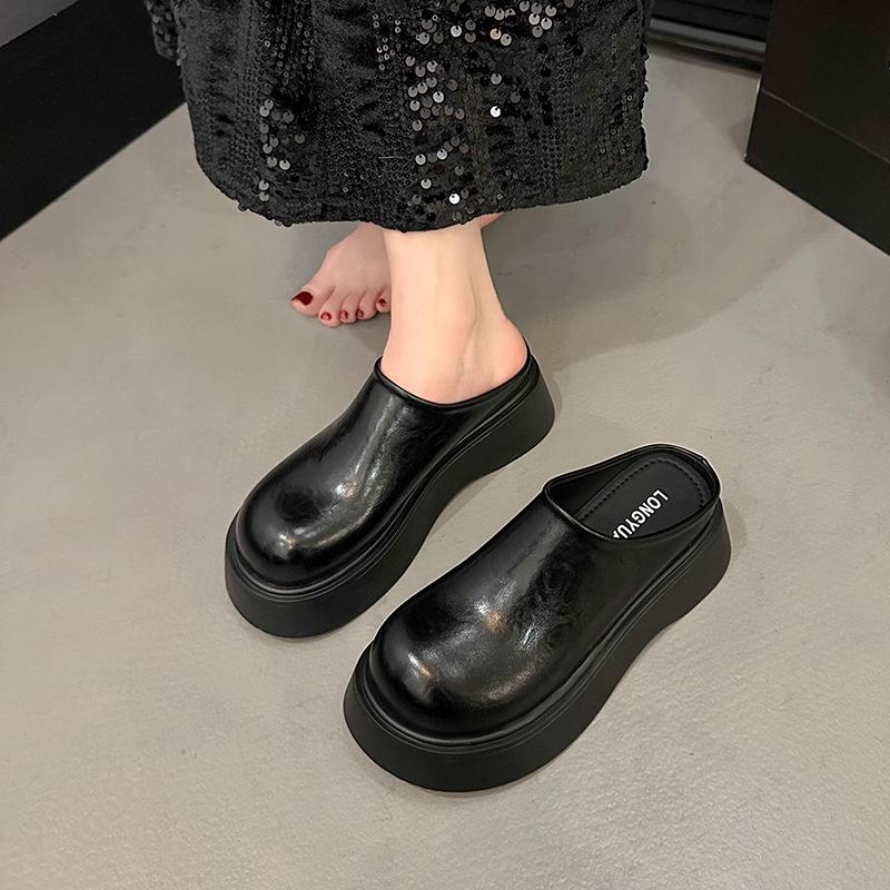 Корейская версия однотонных женских кроссовок Baotou Half Drag 2025 года на платформе с кексами, туфли Muller небольшого размера, увеличивающие рост, классные тапочки