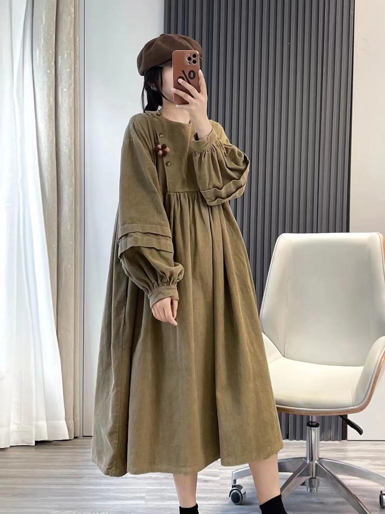 Johnature Японское лесное вельветовое платье осеннее круглое повседневное женское платье Mori с брошью