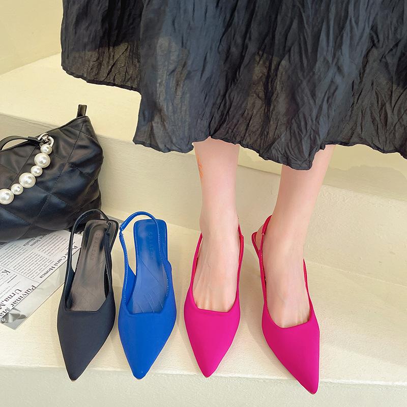 Весна 2025 новая пустая сумка голова сандалии женские высокие каблуки зеленый большой размер женская обувь острый носок тонкий каблук средний каблук одинарная обувь