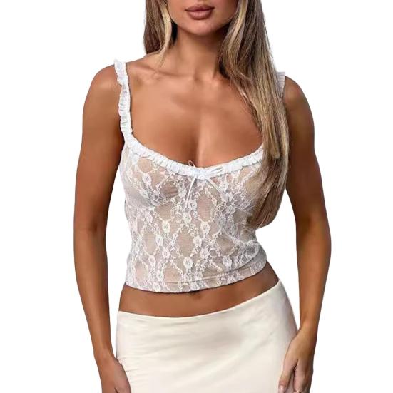 Женские сексуальные кружевные майки-слинги с низкой талией без рукавов, короткие топы, однотонные прозрачные кружевные майки с вышивкой