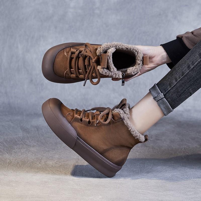 Johnature Зимние теплые плюшевые короткие ботинки из натуральной кожи в стиле ретро, универсальные женские туфли на плоской подошве из хлопка