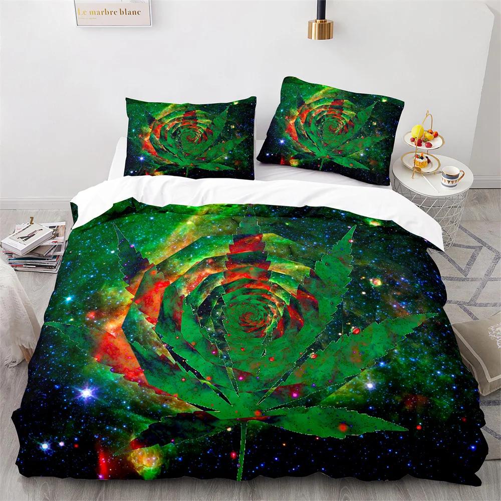 Weed Green Leaf Duvet Cover Watercolor Purple Blue Polyester King Queen Maple Leaf Duvet Cover For Women Men Bedroom Decoration