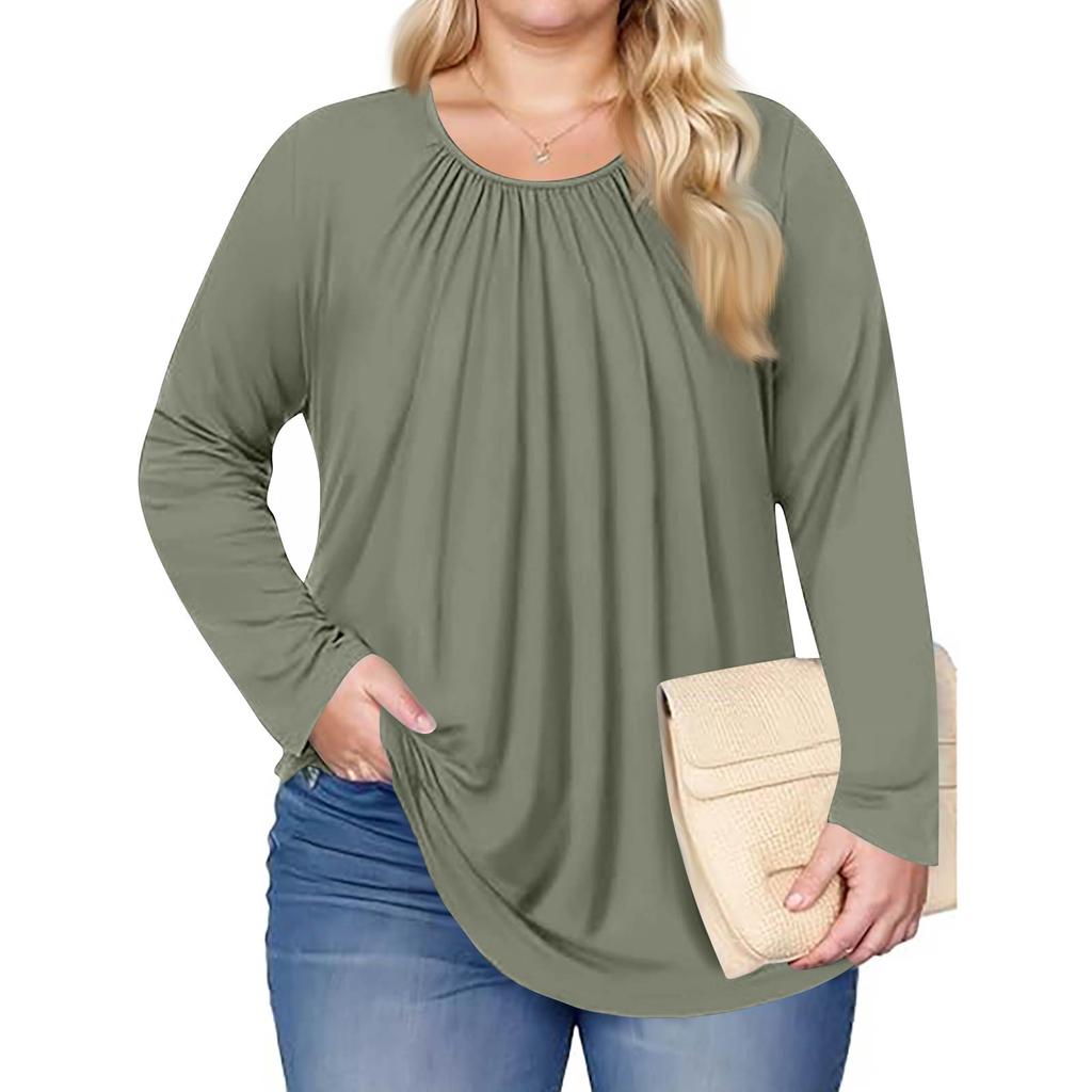 Women's Plus Size Fashion Solid Colour Casual Pleated Round Neck Long Sleeve Top