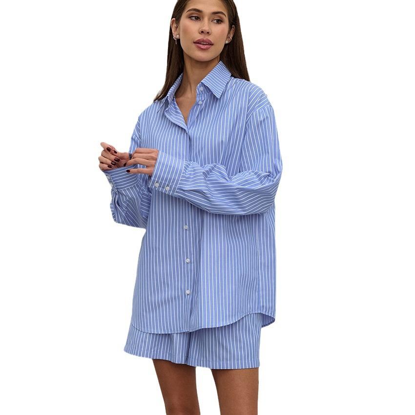 1116 summer European and American fashion striped thin long-sleeved lapel shorts set commuter cotton casual women's clothing