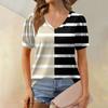 Women's Fashion Striped Printed Top Puff Short Sleeve V-neck T-shirt Loose Casual T-shirt