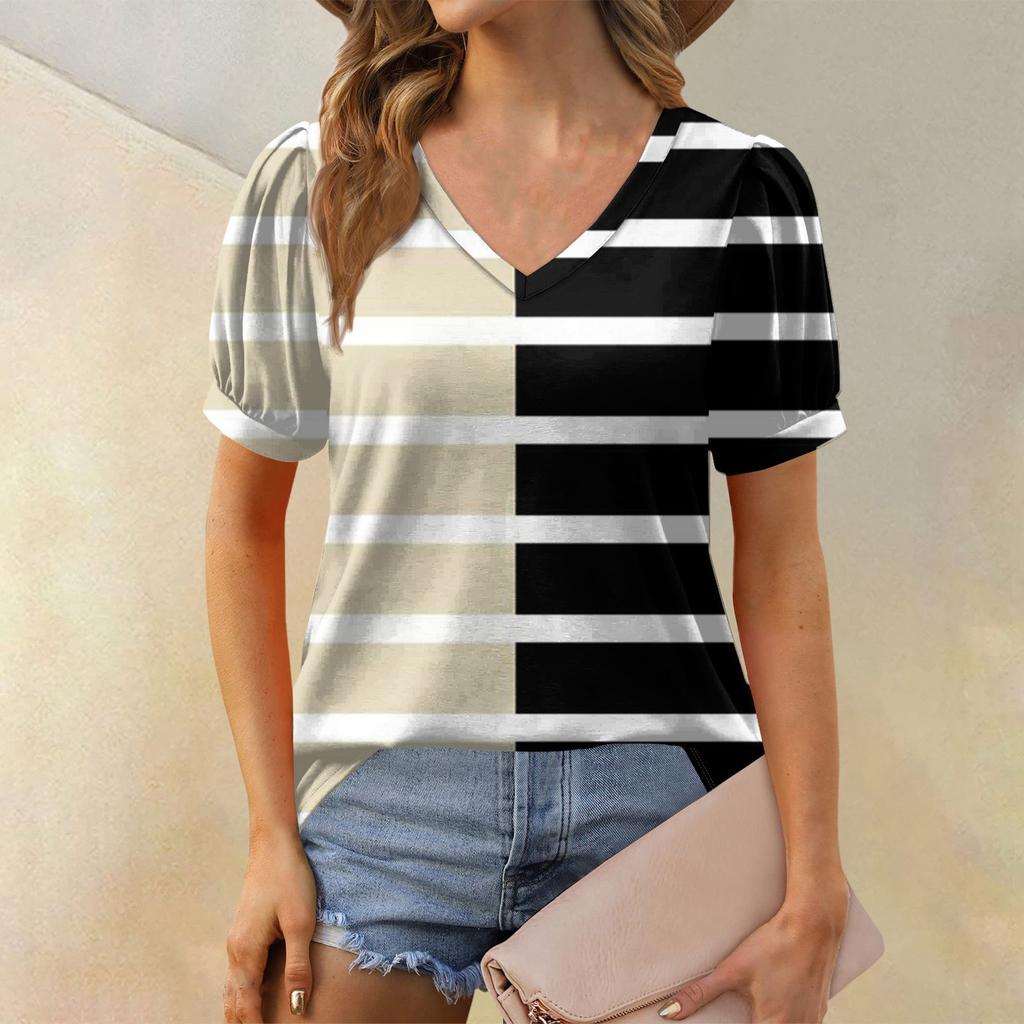 Women's Fashion Striped Printed Top Puff Short Sleeve V-neck T-shirt Loose Casual T-shirt