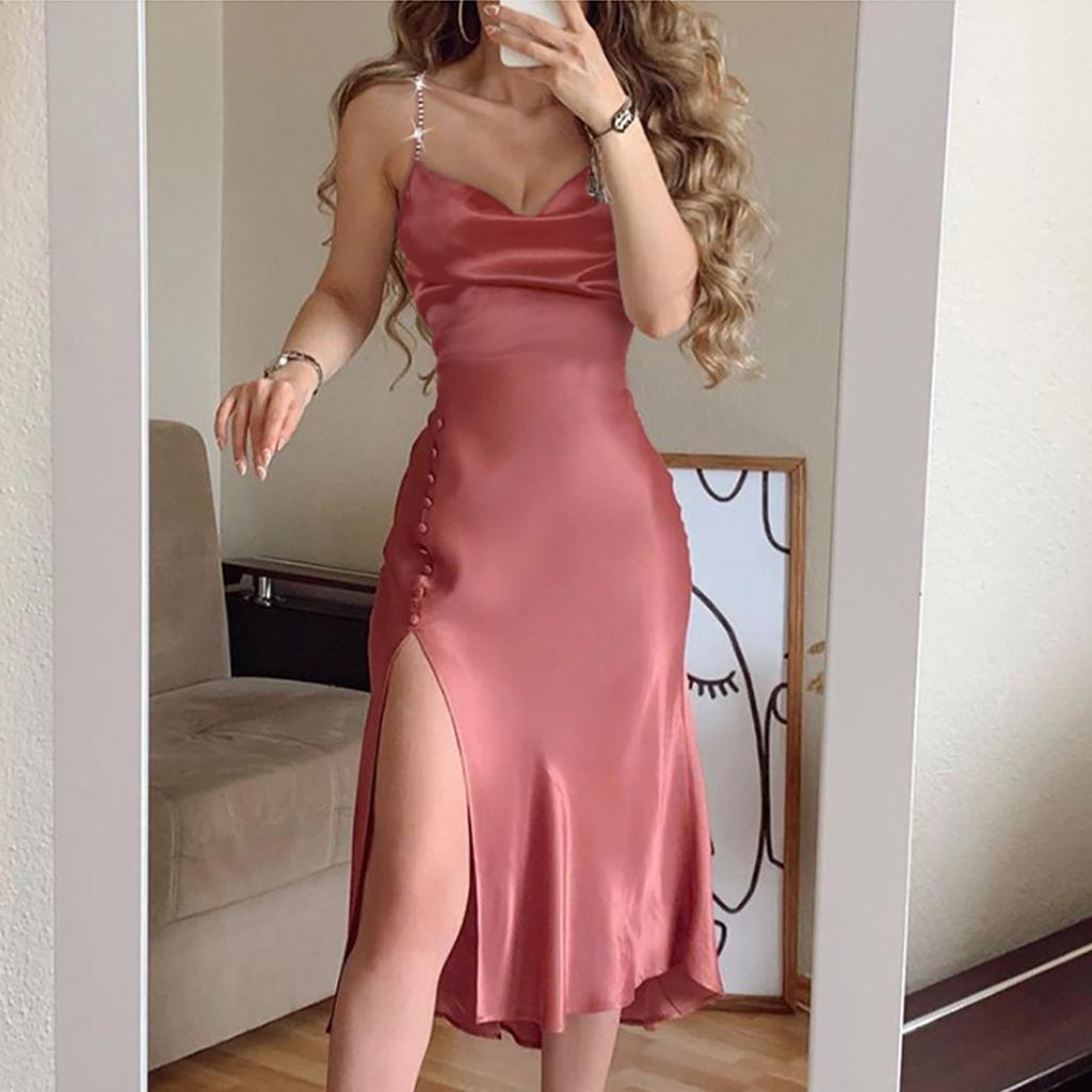 Женское модное платье с v-образным вырезом и бретельками из бисерной цепочки