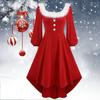 Christmas Performance Dress Fluffy Square Neck Pure Color A-line Irregular Hem Button Decor Festive Stage Show Santa Cosplay Costume New Year Party