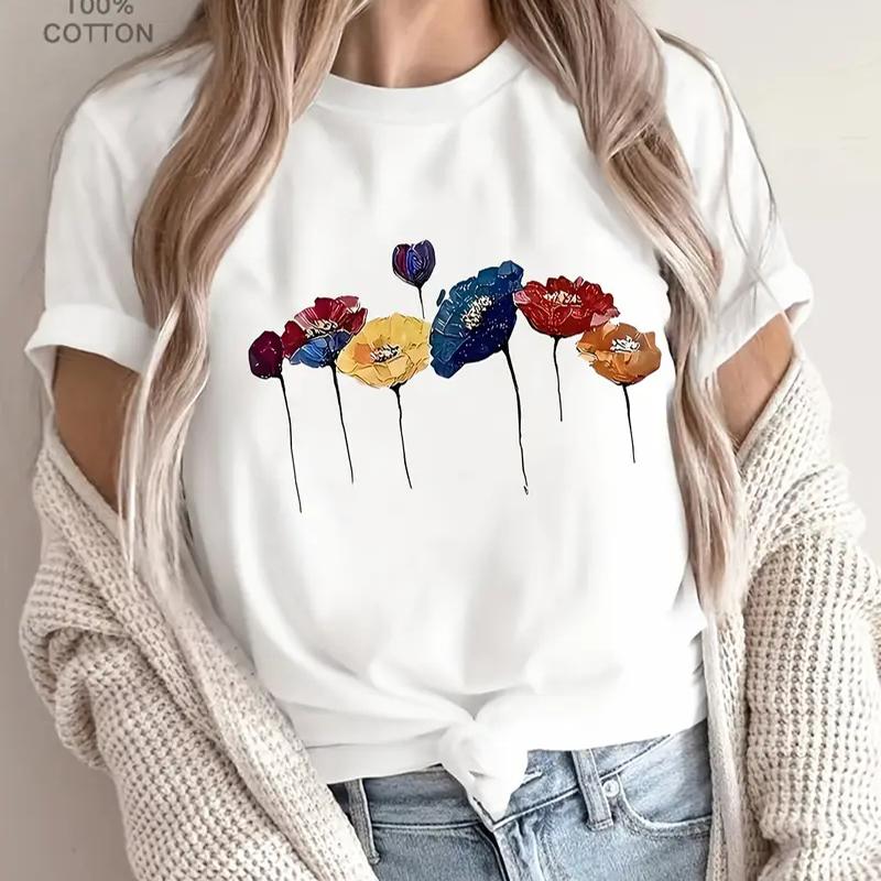 Women Summer T Shirt Retro Fashion Short Sleeve Tees Casual Flower Printed Tops