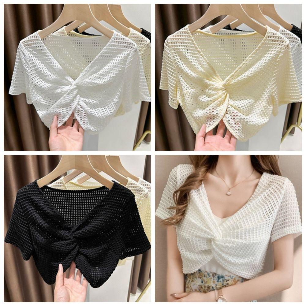 Short Sleeve Hollow Out Crop Top Knot Sun Protection Shawl T Shirt Vacation