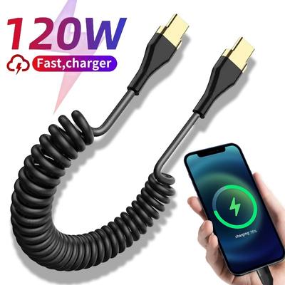 PD 120W пружинный USB-кабель типа C для iPhone 15 Pro Max, кабель для быстрой зарядки, двойной USB-кабель типа C для телефонов Samsung, Xiaomi и Huawei