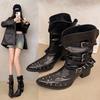 New Gothic Cowgirls Western Boots For Women Pointed Toe Rivet Buckles Chunky Heels Vintage Women Mid-Calf Boots