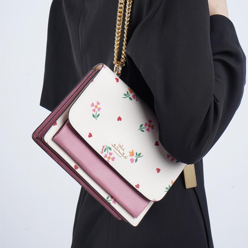 Coach Klare 22 Heart Flower Print Flap Chain Coated Canvas And Leather Accordion Shoulder Crossbody Bag Small Women bags Pink White C7596-IMCAH