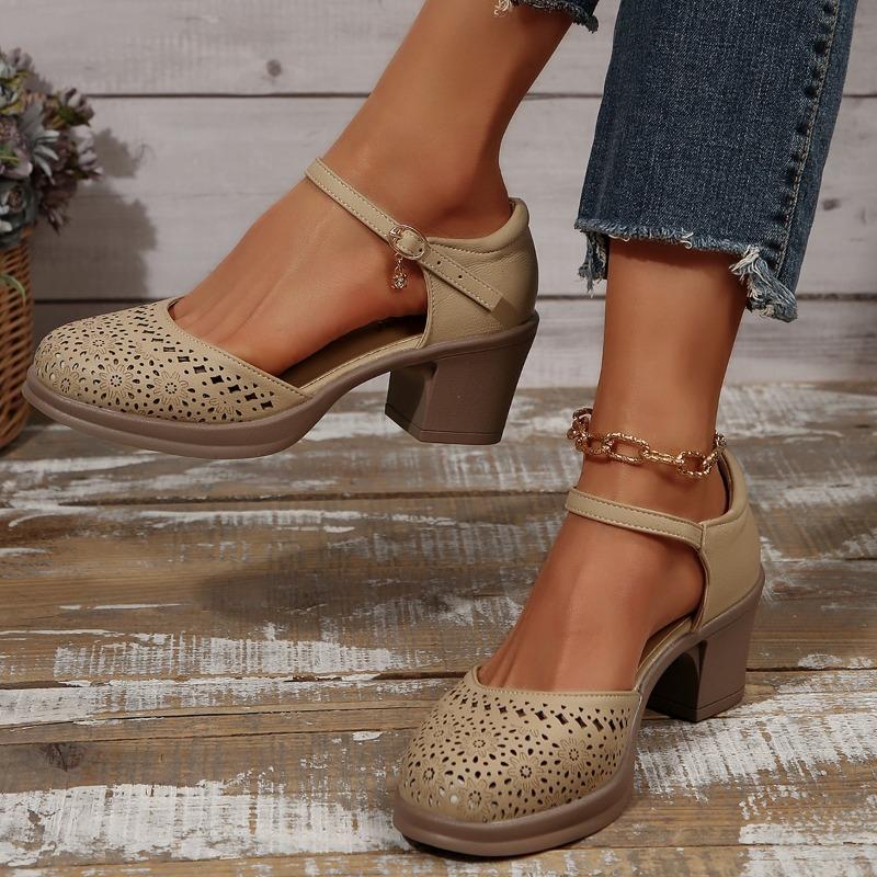 Новые босоножки на высоком каблуке с ремешком на щиколотке для женщин, летние, с вырезами, дышащие туфли-лодочки, удобные женские туфли Мэри Джейн на массивном каблуке