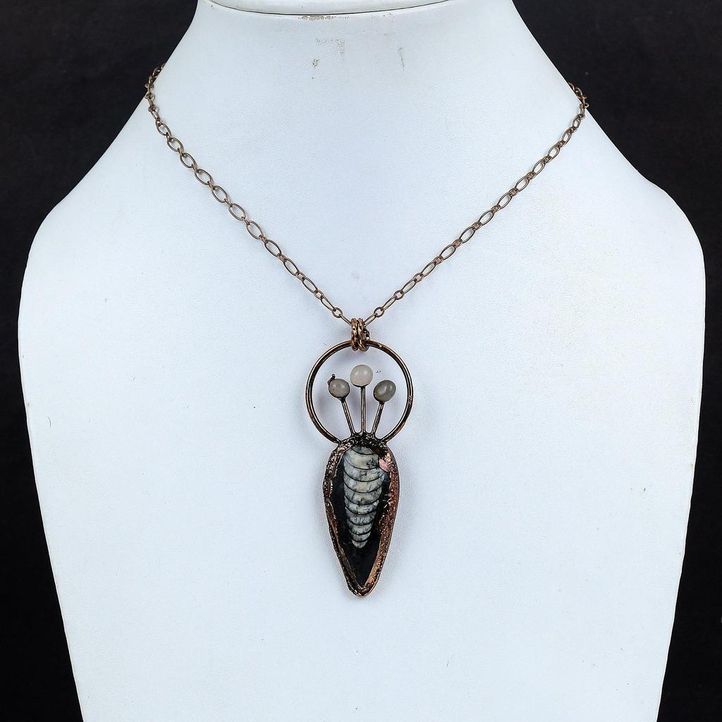 Orthoceras Fossil Jewelry, Copper Electroformed Pendant Handmade Gemstone Jewelry, Gifts For Wedding Pendant
