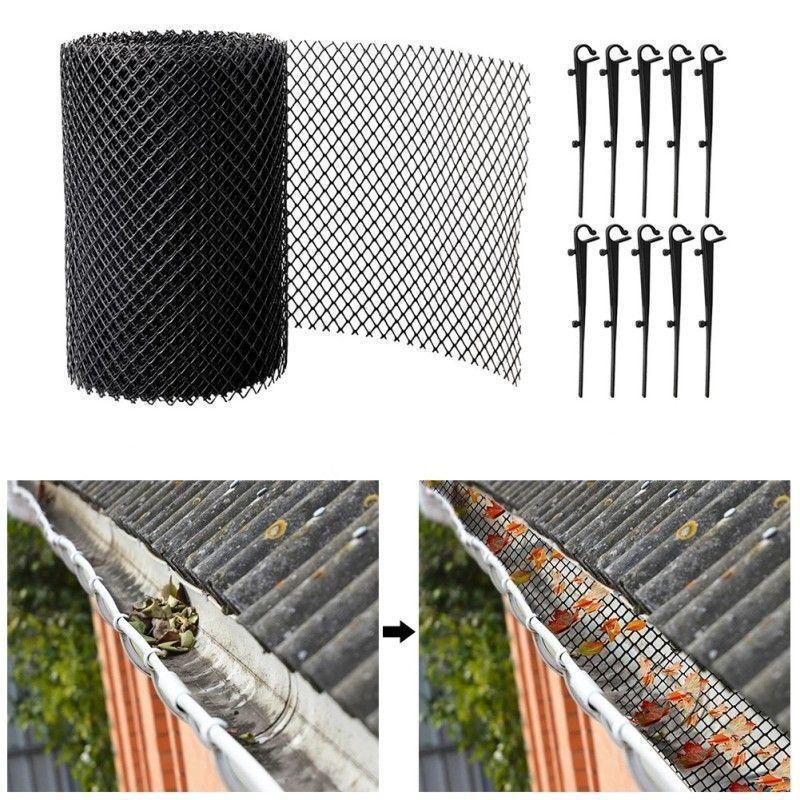 Plastic Gutter Guard Mesh Roll 10 Hooks Leaffilter Net Lightweight Durable Bird and Leaf Blocker for Patio Roofing