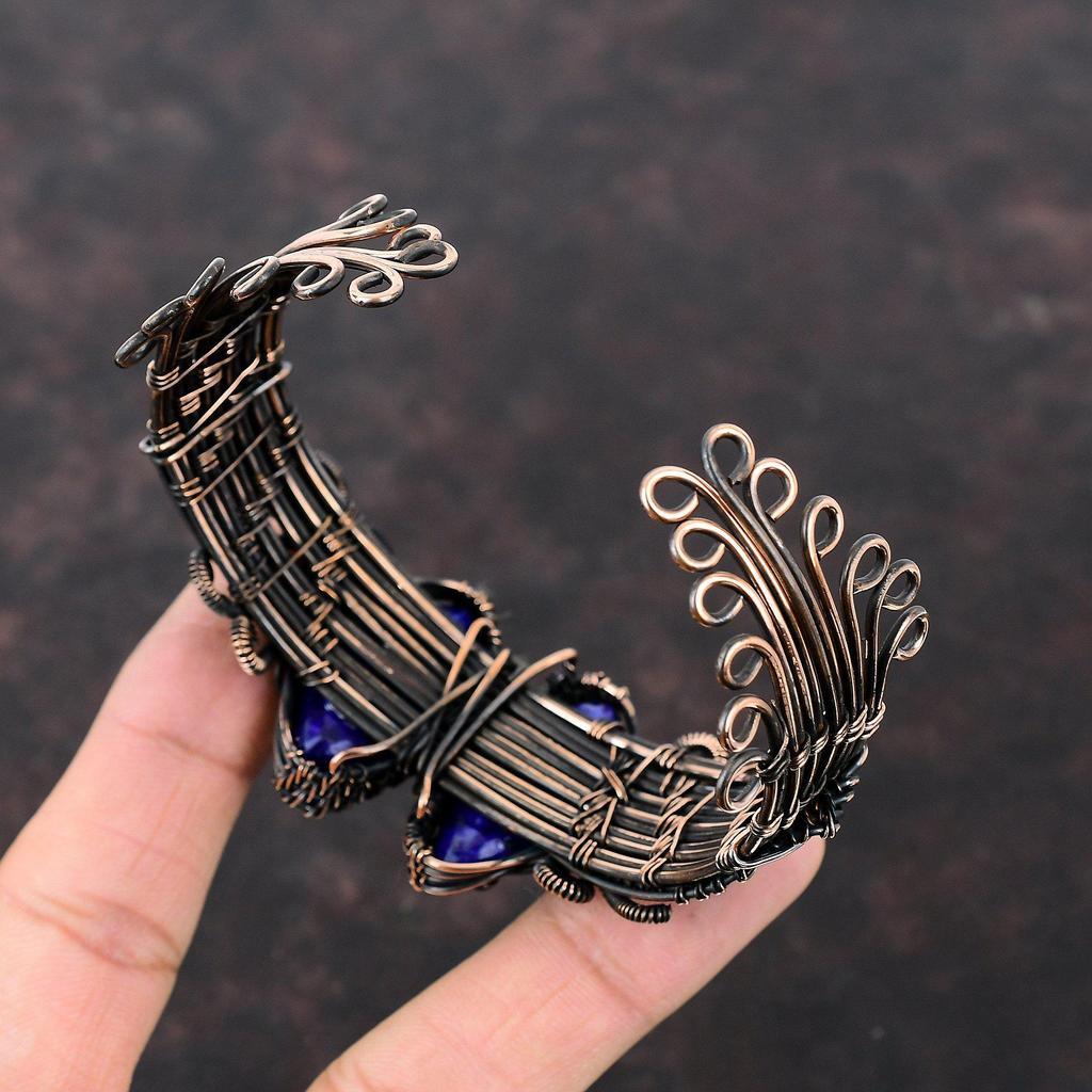 Браслет-манжета с граненым синим сапфиром, браслет из медной проволоки, регулируемый браслет-манжета, браслет ручной работы, драгоценный камень, медное ювелирное изделие, подарок для мамы