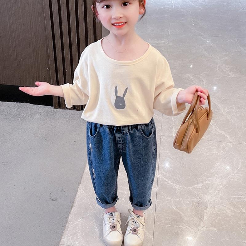 Джинсы для девочек, весеннее платье, новые модные и универсальные детские повседневные брюки с рисунком кролика для малышей