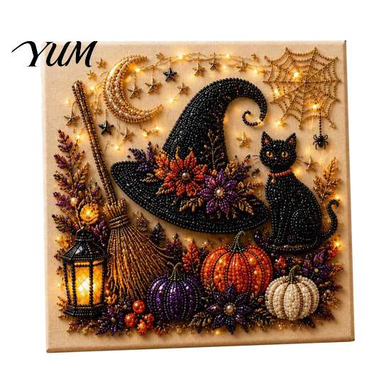 Therapeutic Art Kits for Relaxation Halloween Faux Pearl DIY Kit, Spooky Cute 3D Diamond Painting Fall Holiday Handmade Gift Craft, Witch Black