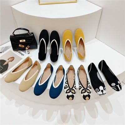 Женская обувь, туфли на плоской подошве с бантом, мягкие туфли для беременных, вязаная обувь с квадратной головкой, туфли в горошек для девочек, женские балетки