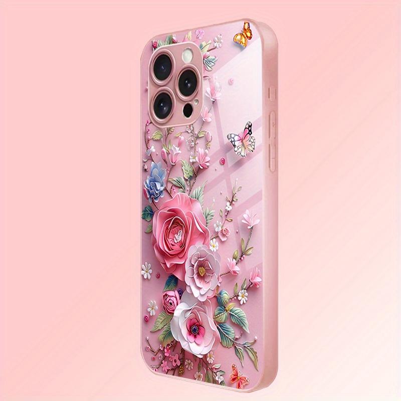 Стеклянный чехол для телефона с узором из розовых цветов, подходит для iPhone 17 16 15 14 13 12 11 Pro/Max/Plus, противоударная задняя крышка