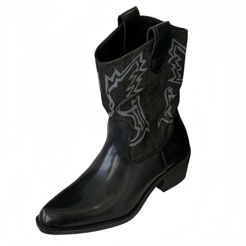 2025 New Retro Pointed Western Cowboy Boots Autumn Thick Heel Medium Tube Martin Boots Women