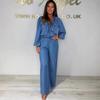 Women's Blue Denim Jumpsuit with Ruffled Neckline, Loose Fit Casual Romper