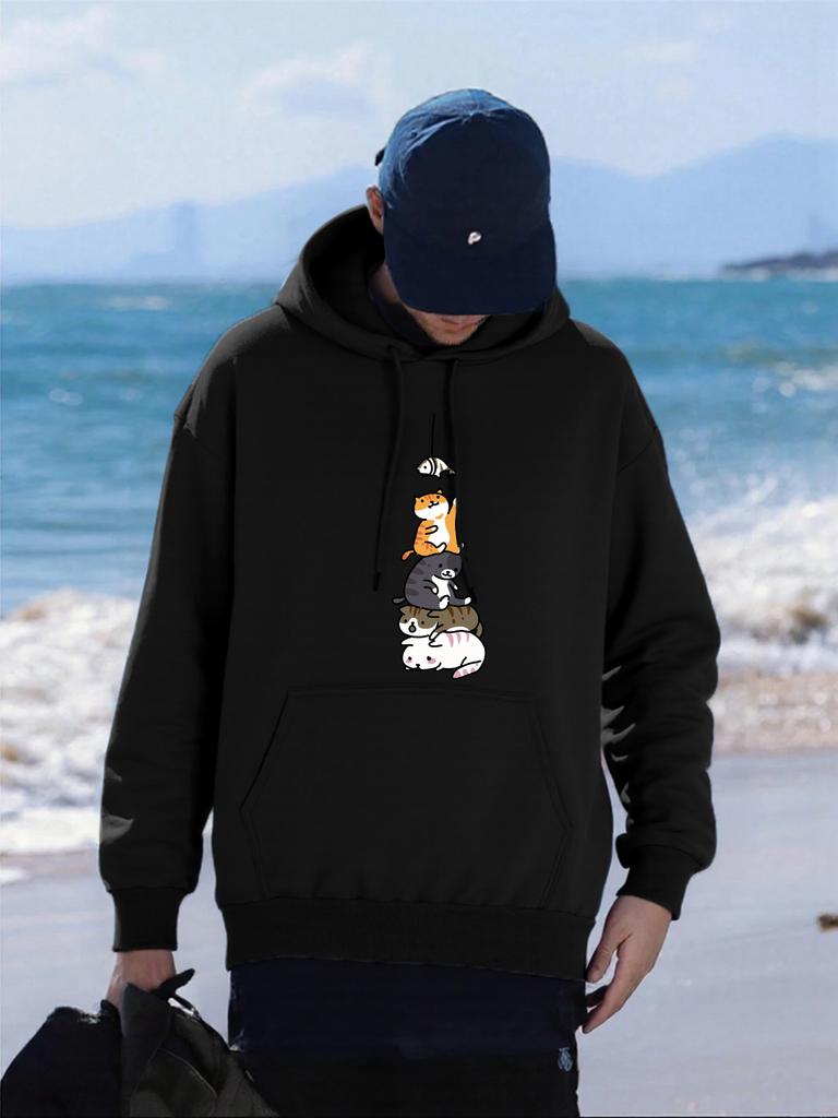 Fish Catching Cats Printed Men Hoodies Multicolor Fleece Pullover All-Match Pocket Hoody Hip Hop Oversized Male Streetwear