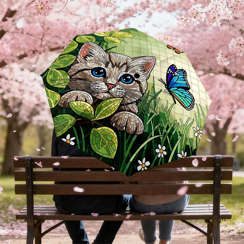 1PC cat butterfly Umbrella-8-Rib Reinforced Portable Folding Travel Suitable for All Seasons Outdoor Daily Use Is an Ideal Choice -F379