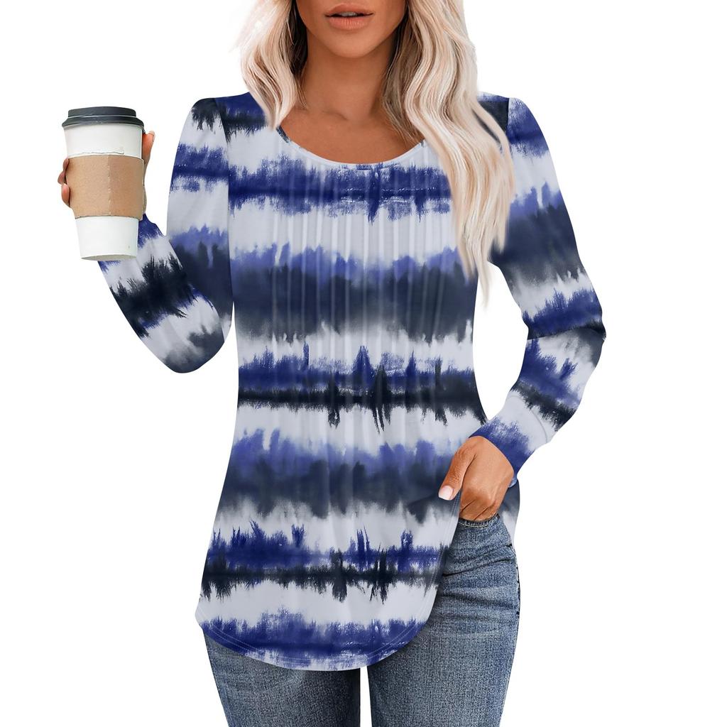 Рубашки с длинным рукавом для женщин, топы, нарядные повседневные блузки, плиссированные топы-туники с круглым вырезом